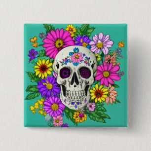 Kleurrijke schedel met bloemen vierkante button 5,1 cm