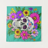 Kleurrijke schedel met bloemen wandkleed (Voorkant (horizontaal))