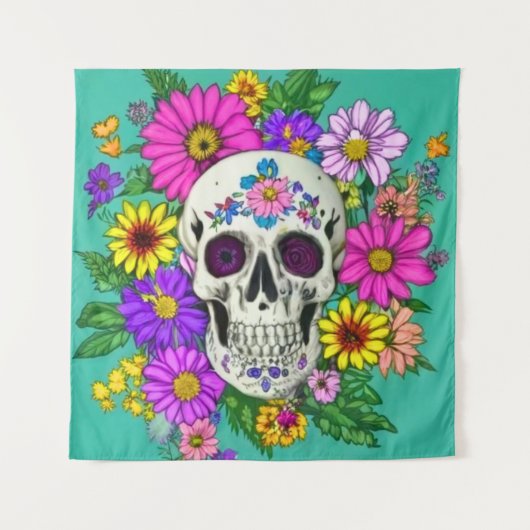 Kleurrijke schedel met bloemen wandkleed (Voorkant)