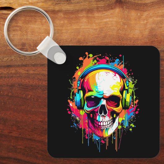 Kleurrijke schedel met hoofdtelefoon sleutelhanger (Voorkant)