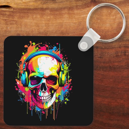 Kleurrijke schedel met hoofdtelefoon sleutelhanger (Achterkant)