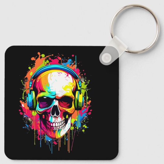 Kleurrijke schedel met hoofdtelefoon sleutelhanger (Achterkant)