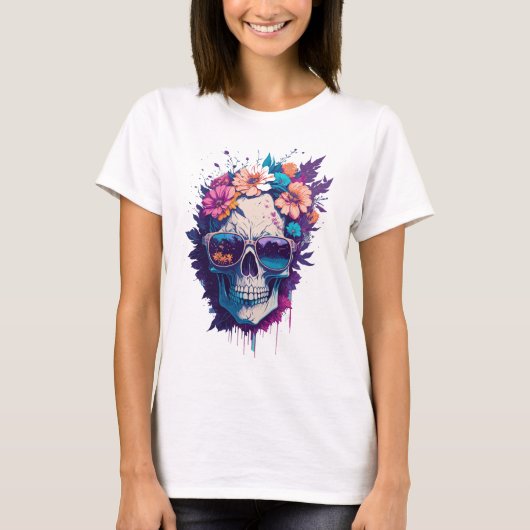 Kleurrijke schedel met trendy zonnebril en bloemen t-shirt (Voorkant)