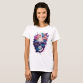 Kleurrijke schedel met trendy zonnebril en bloemen t-shirt (Voorkant volledig)