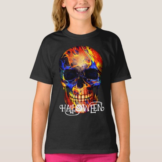 KLEURRIJKE SCHEDEL SKELET GELUKKIGE HALLOWEEN KLED T-SHIRT (Voorkant)