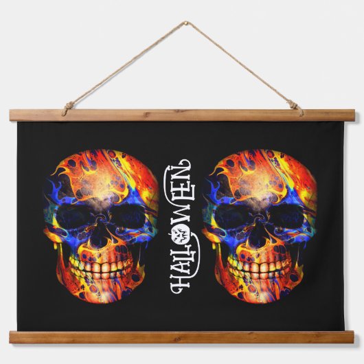 KLEURRIJKE SCHEDEL SKELET HAPPY HALLOWEEN HANGEND WANDKLEED (Voorkant)