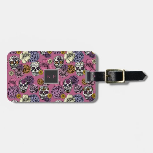 Kleurrijke schedels Trendy Monogram Roze Bagagelab Bagagelabel (Voorkant horizontaal)