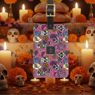 Kleurrijke schedels Trendy Monogram Roze Bagagelab Bagagelabel
