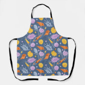 Kleurrijke schelpen en algen op blauw schort (Voorkant)