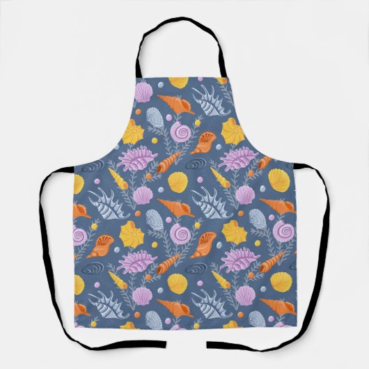 Kleurrijke schelpen en algen op blauw schort (Voorkant)