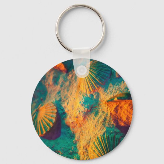 Kleurrijke schelpen en zand op de beuk sleutelhanger (Voorkant)