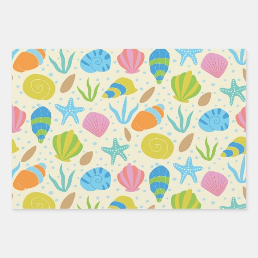 Kleurrijke schelpen en zeesterren patroon kust inpakpapier vel (Voorkant 3)