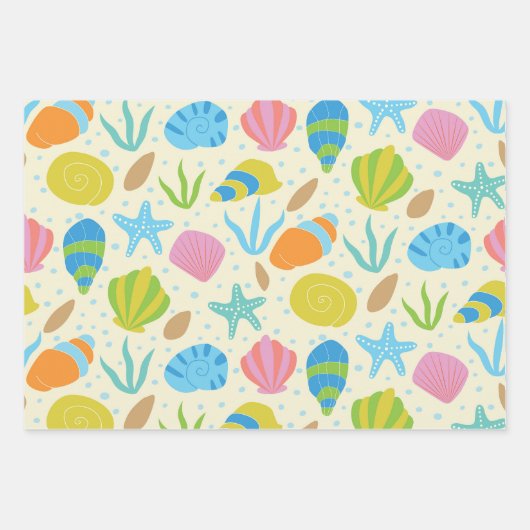 Kleurrijke schelpen en zeesterren patroon kust inpakpapier vel (Voorkant)