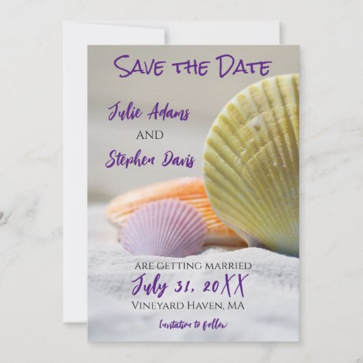 Kleurrijke schelpen save the date (Voorkant)