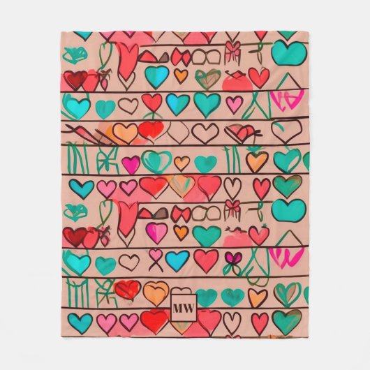 Kleurrijke schets-achtige harten, linten en monogr fleece deken (Voorkant)