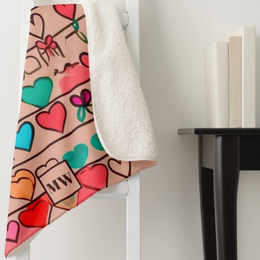 Kleurrijke schets-achtige harten, linten en monogr sherpa deken