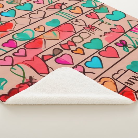 Kleurrijke schets-achtige harten, linten en monogr sherpa deken (3/4)