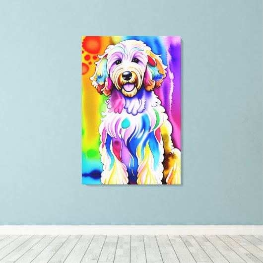 Kleurrijke schets Happy Goldendoodle Hond Canvas Afdruk (Insitu (Houten vloer))