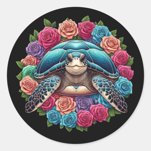 Kleurrijke Schildpad Illustratie Omgeven Door Roze Ronde Sticker (Voorkant)