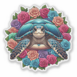 Kleurrijke Schildpad Illustratie Omgeven Door Roze Sticker