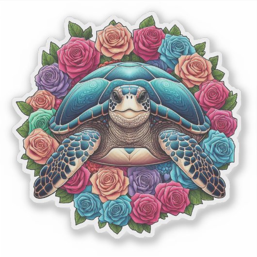 Kleurrijke Schildpad Illustratie Omgeven Door Roze Sticker (Voorkant)