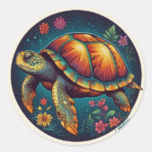 Kleurrijke schildpad kunst ronde sticker (Voorkant)