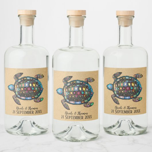 Kleurrijke schildpad zandstrand likeurfles etiket (Flessen)