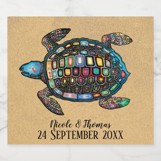 Kleurrijke schildpad zandstrand likeurfles etiket (Enkel label)