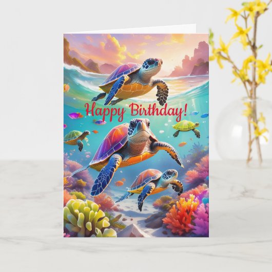 Kleurrijke Schildpadden, 5"x 7"Gevouwen Verjaardag Kaart (Gele Bloem)