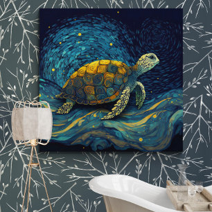 Kleurrijke schildpadzwemmen onder de Sterrennacht  Canvas Afdruk