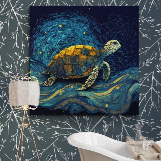 Kleurrijke schildpadzwemmen onder de Sterrennacht Canvas Afdruk