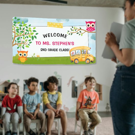 Kleurrijke School Bus Teacher Classroom Welkomstbo Spandoek