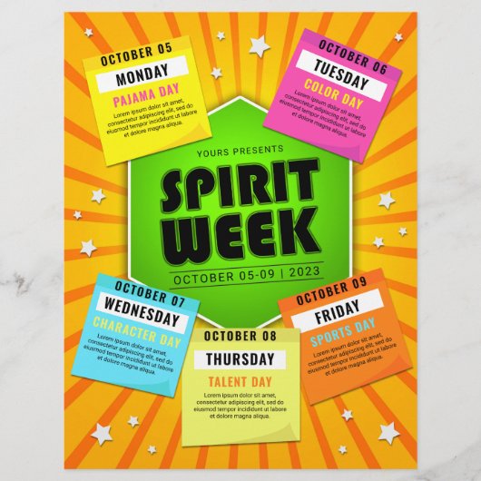 Kleurrijke School Spirit Week Evenementenkalender Flyer (Voorkant)