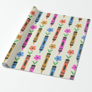 Kleurrijke schoolkrijtjes met retro bloemenpatroon cadeaupapier