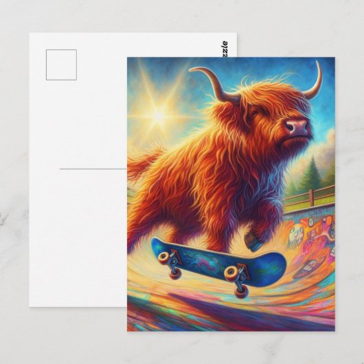 Kleurrijke Schotse Hoogland Koe Skateboarden Briefkaart (Voorkant / Achterkant)