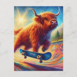 Kleurrijke Schotse Hooglanders Koe Skateboarden Briefkaart
