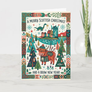 Kleurrijke Schotse Kerstkaart in Volkskunststijl Kaart