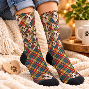 Kleurrijke Schotse Plaid Huisdier Foto Naam Sokken
