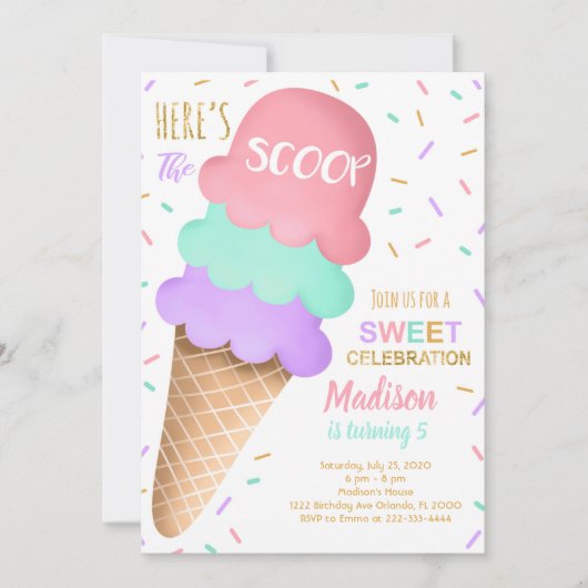 Kleurrijke Scoop Ice Cream Verjaardag uitnodiging (Voorkant)