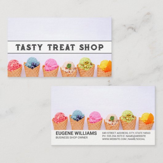 Kleurrijke Scoops Of Ice Cream In Kegels Visitekaartje (Voorkant / Achterkant)