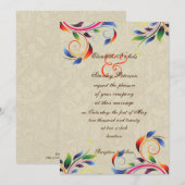 Kleurrijke scroll blad op beige bruiloft uitnodigi kaart (Voorkant / Achterkant)