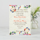 Kleurrijke scroll blad op ecru bruiloft uitnodigin kaart (Staand voorkant)
