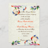 Kleurrijke scroll blad op ecru bruiloft uitnodigin kaart (Voorkant / Achterkant)