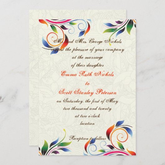 Kleurrijke scroll blad op ecru bruiloft uitnodigin kaart (Voorkant / Achterkant)