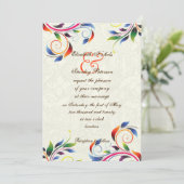 Kleurrijke scroll blad op ecru bruiloft uitnodigin kaart (Staand voorkant)