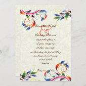 Kleurrijke scroll blad op ecru bruiloft uitnodigin kaart (Voorkant / Achterkant)