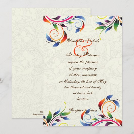 Kleurrijke scroll blad op ecru bruiloft uitnodigin kaart (Voorkant / Achterkant)