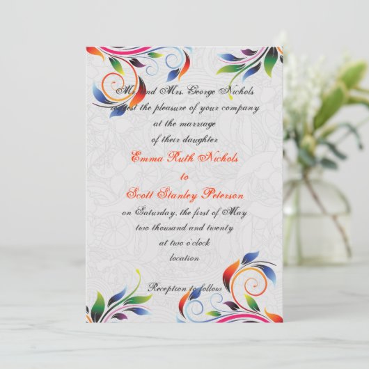 Kleurrijke scroll blad op grijze bruiloft uitnodig kaart (Staand voorkant)