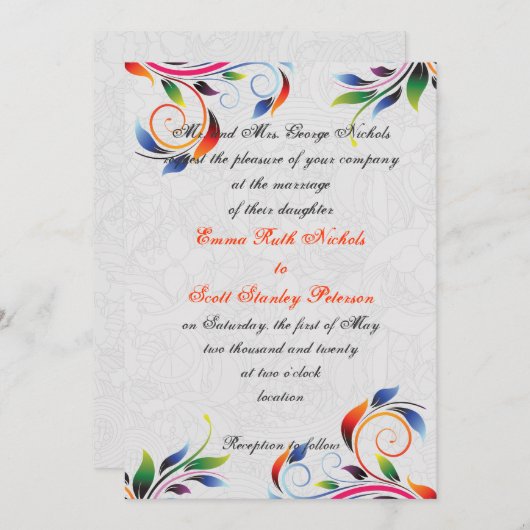 Kleurrijke scroll blad op grijze bruiloft uitnodig kaart (Voorkant / Achterkant)