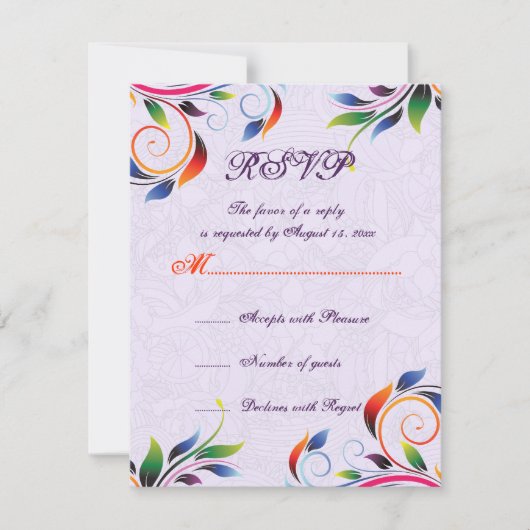 Kleurrijke scroll blad op paarse bruiloft RSVP kaa (Voorkant)
